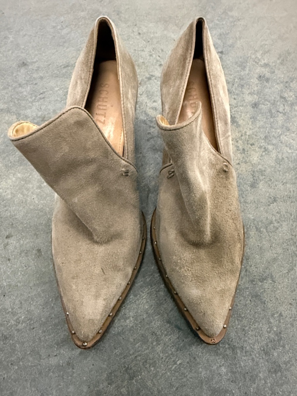 SCHUTZ Taupe Suede Pointed Ankle Boots with Stud Trim